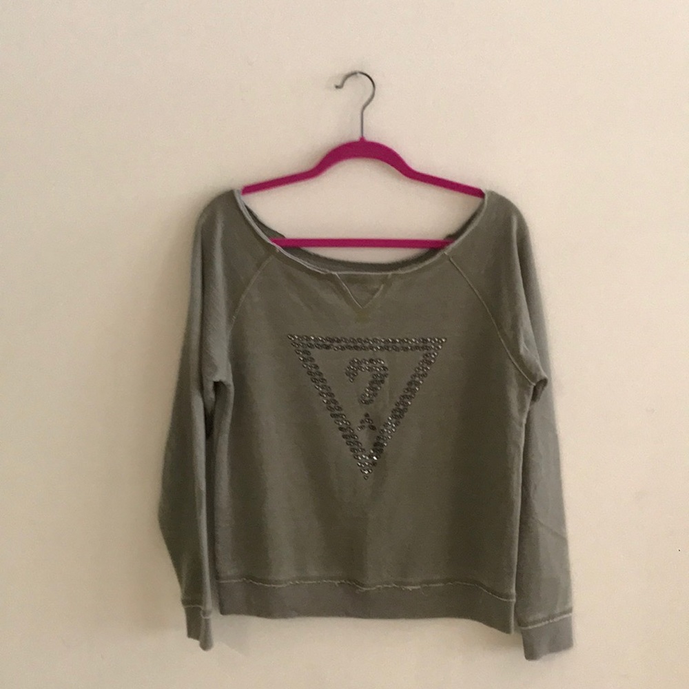 Guess Pale Green Off-the-Shoulders Logo Sweatshirt